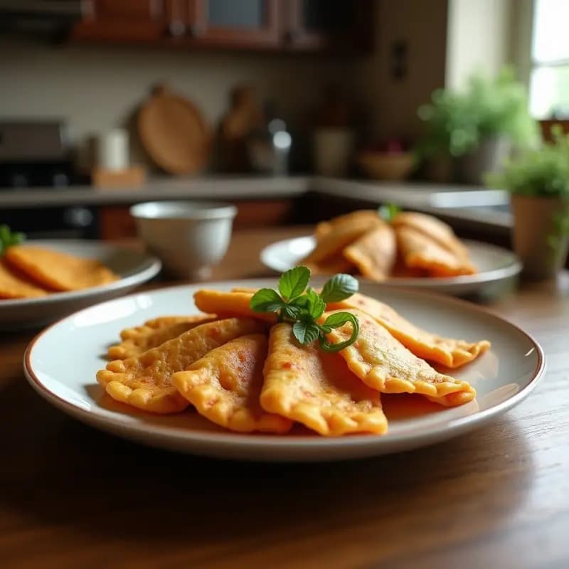 Bandeja de empanadillas de bonito y pimiento con masa dorada y crujiente, rellenas de bonito desmenuzado y pimiento asado, servidas sobre papel de horno rústico.