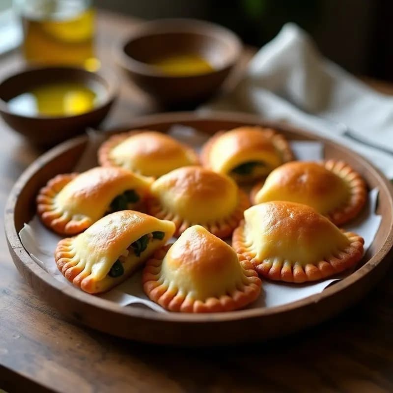 Empanadillas de bonito y pimiento del padrón doradas y crujientes, servidas en un plato de madera rústico con un toque gallego tradicional.