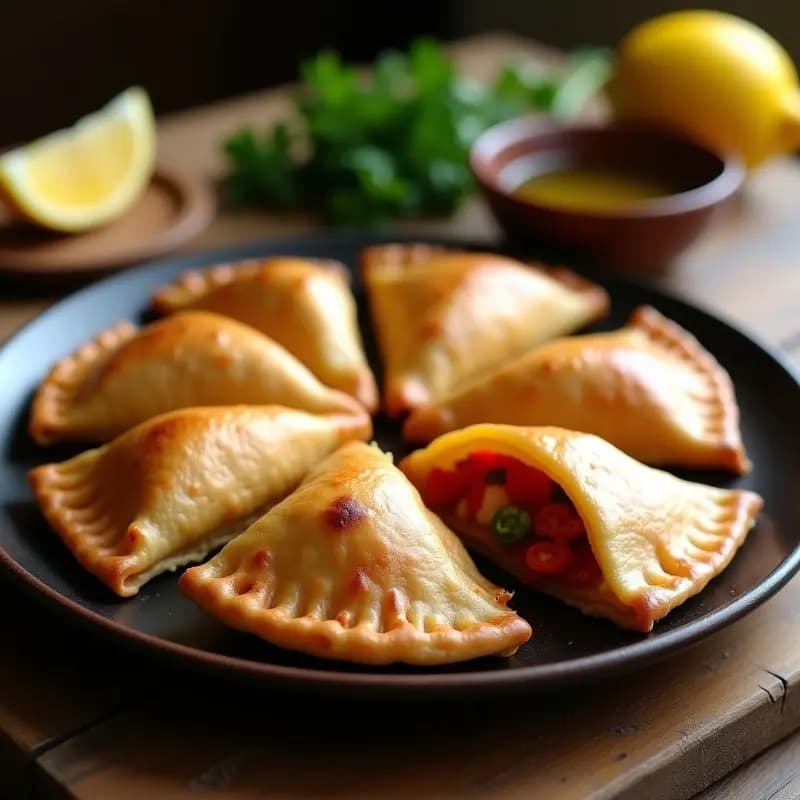 Empanadillas doradas y crujientes de bonito y piquillos dispuestas en una fuente de barro, con un fondo rústico de madera y hierbas frescas.