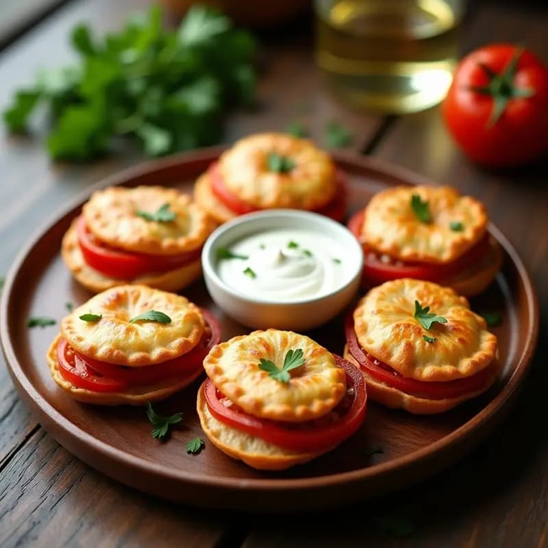 Empanadillas doradas y crujientes de bonito con tomate y piquillo servidas en un plato de madera rústico, acompañadas de una salsa blanca y perejil fresco picado. Receta tradicional española en airfryer.