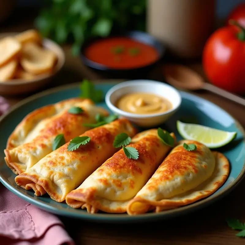 Empanadillas de bonito y tomate seco doradas y crujientes, dispuestas en un plato de barro rústico con un cuenco de salsa de yogur al lado. Receta de tapa con toque mediterráneo.