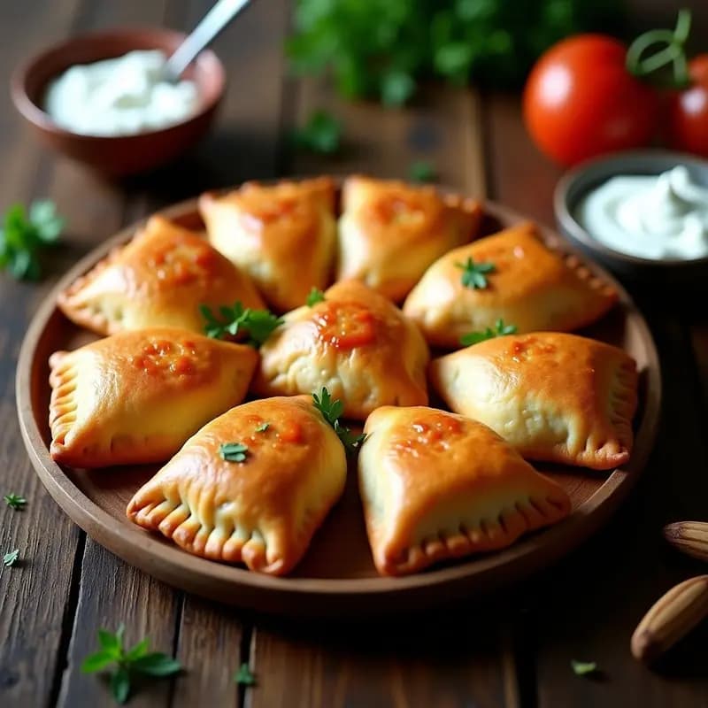 Empanadillas de bonito y tomate doradas sobre una bandeja de madera rústica, con el relleno asomando ligeramente por los bordes sellados. Acompañadas de una salsa de yogur y decoradas con perejil fresco.