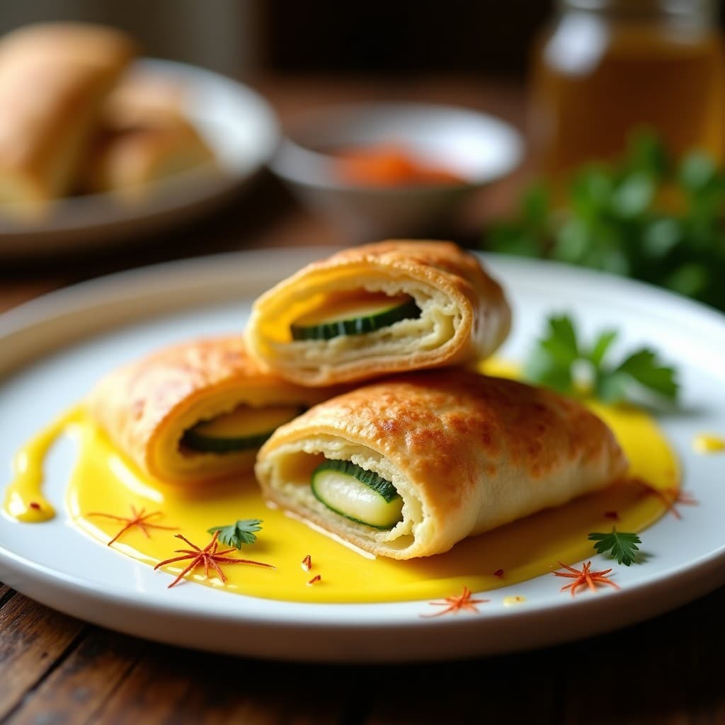 Empanadillas doradas y crujientes rellenas de calabacín y merluza, servidas en plato blanco con salsa de azafrán amarilla intensa. Receta española en olla exprés.