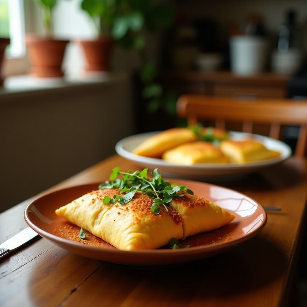 Empanadillas doradas y crujientes de calabacín y queso de cabra en hoja de brick, servidas en una fuente de madera con hierbas frescas, receta rápida en airfryer.
