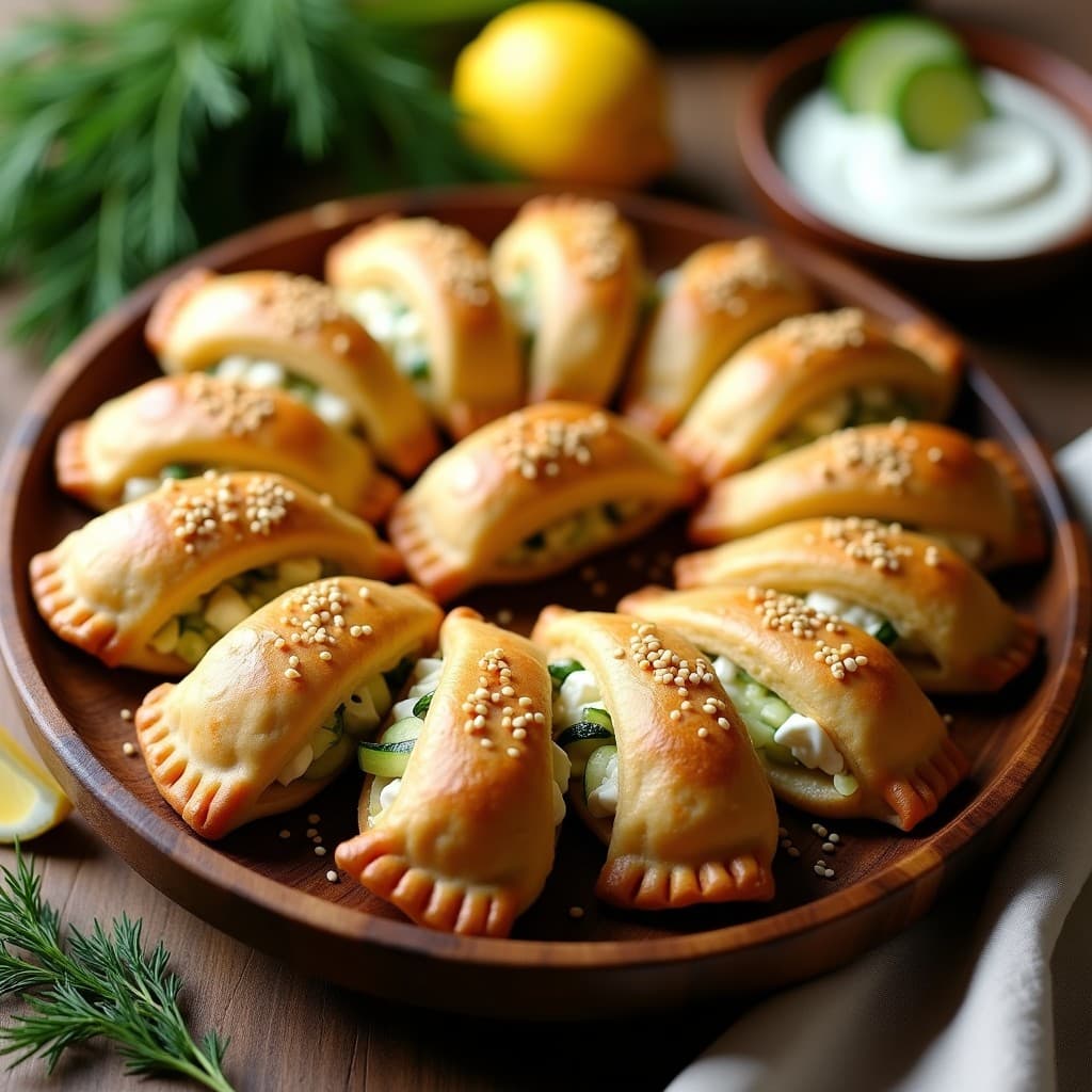 Empanadillas de calabacín y queso feta con masa de espelta doradas al horno, servidas en bandeja de madera con semillas de sésamo y hojas de eneldo fresco. Receta griega en Thermomix.