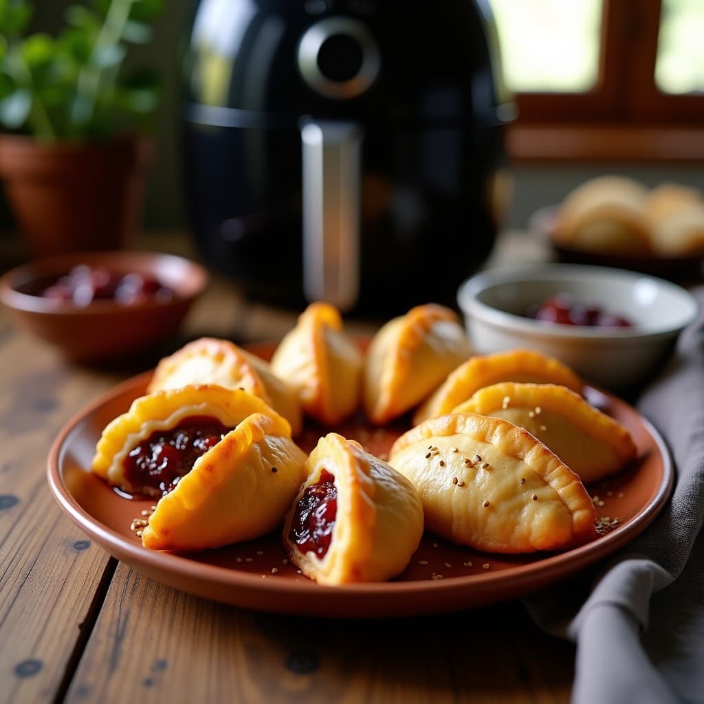 Empanadillas doradas y crujientes de calabaza real canaria y queso de oveja ahumado, con un toque de mermelada de higo negro brillante, servidas en plato rústico de barro con semillas de sésamo. Receta canaria en airfryer.