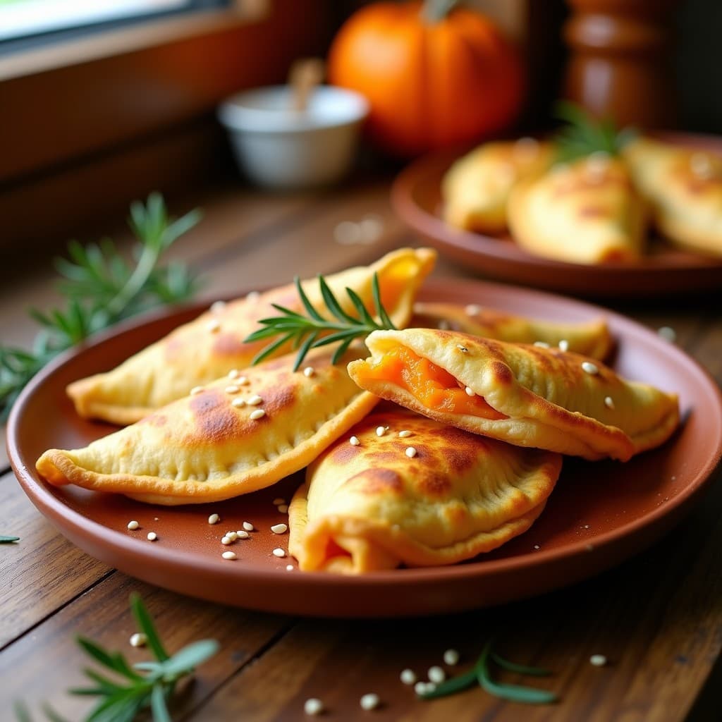 Empanadillas doradas y crujientes de calabaza y queso vegano en Airfryer, con semillas de sésamo espolvoreadas, servidas sobre un plato de barro rústico con hojas de romero fresco.