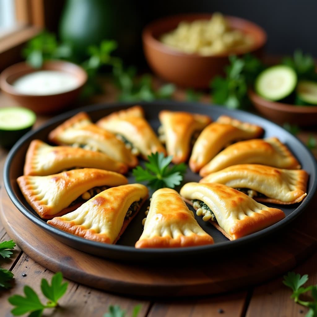 Bandja de empanadillas doradas y crujientes de masa de calabacín, rellenas de berenjena y queso de cáscara vegano, servidas sobre papel de horno rústico con hierbas frescas al lado. Receta española sin gluten y vegana.