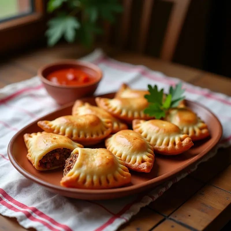 Bandeja de empanadillas de carne gallegas doradas y crujientes, con relleno jugoso de carne y salsa de tomate casera espesa. Acompañadas de un cuenco con más salsa para mojar, sobre un mantel de cuadros rojos y blancos típico gallego.