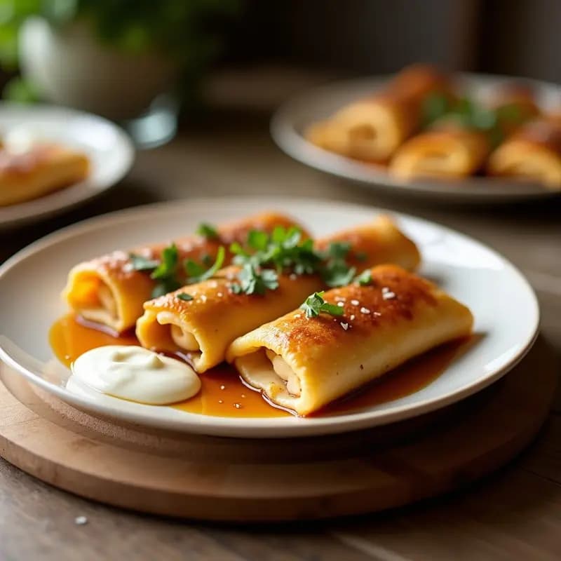 Empanadillas doradas y crujientes de harina de castaña rellenas de crema de cebolla caramelizada, dispuestas en una fuente de barro con tomillo fresco. Aperitivo francés vegano y sin gluten.