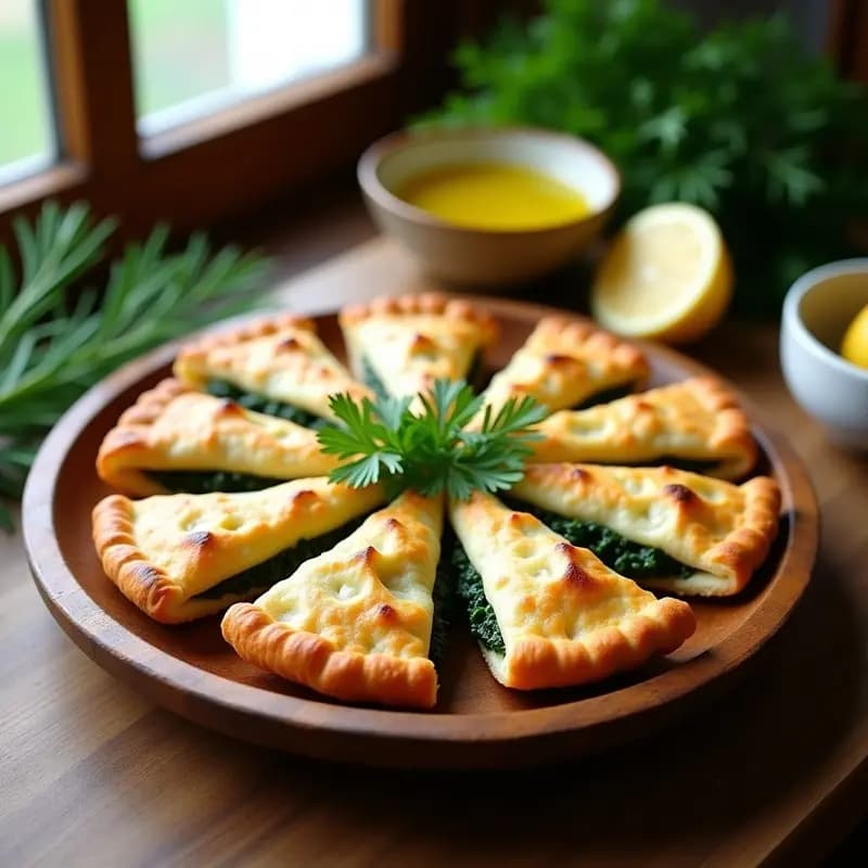 Empanadillas doradas y crujientes de masa de coliflor rellenas de espinacas y queso feta, dispuestas en una fuente rústica de madera con hierbas frescas de eneldo y rodajas de limón al lado. Receta griega en airfryer.