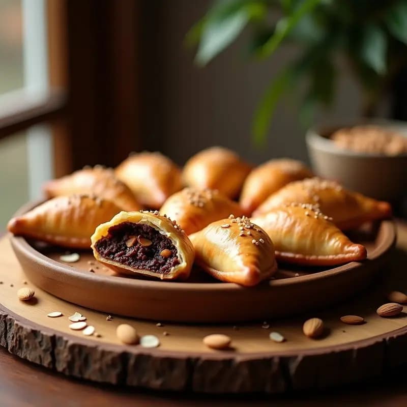 Empanadillas doradas y crujientes rellenas de chocolate negro y chorizo ibérico, dispuestas en una bandeja de madera rústica con almendras fileteadas. Receta española dulce-salada para tupper.