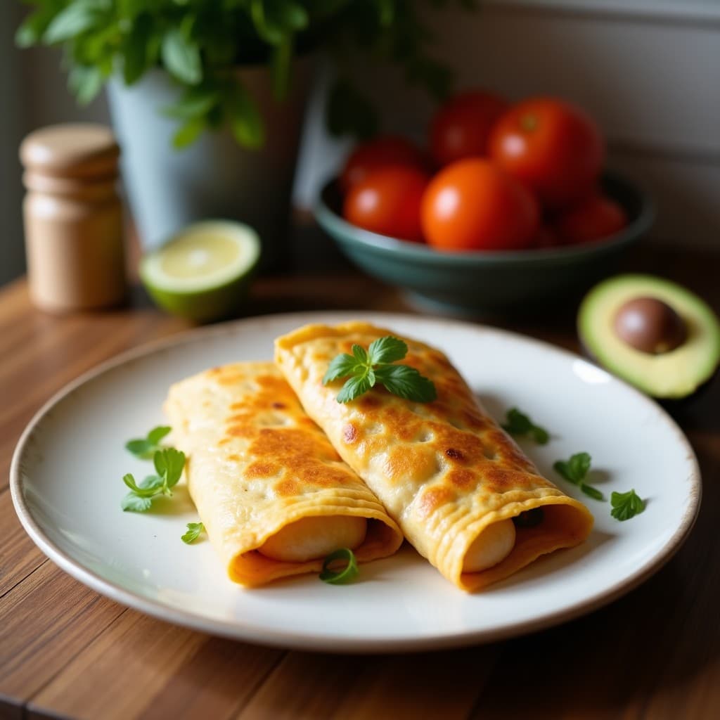 Empanadillas doradas de masa de coliflor con relleno de champiñones y trufa negra, servidas en bandeja de madera con perejil fresco. Receta española keto y sin gluten.