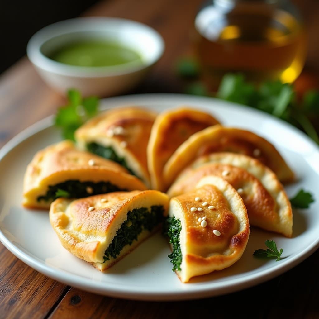 Empanadillas doradas de masa de coliflor rellenas de espinacas y tofu, con semillas de sésamo por encima, servidas en un plato de cerámica blanca con chutney verde al lado. Receta india sin gluten.