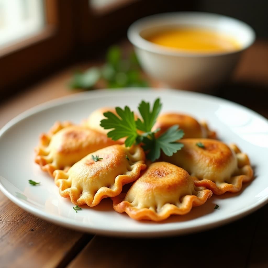 Empanadillas doradas y crujientes de masa de coliflor rellenas de pulp de lúcuma, dispuestas en un plato de cerámica blanca con hojas de perejil fresco. Receta peruana keto en airfryer.