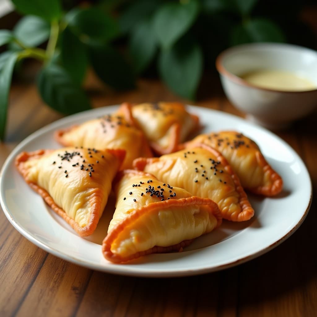 Empanadillas doradas y crujientes de Cordyceps y queso de almendras servidas en un plato de cerámica blanca, con semillas de sésamo negro por encima y un fondo de hojas verdes. Receta china en Airfryer para inmunidad.