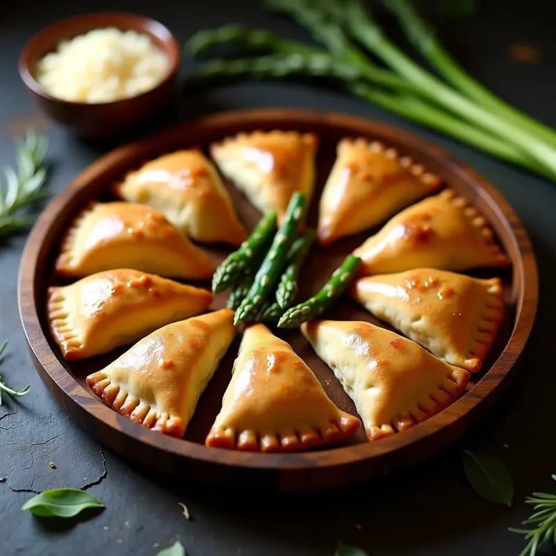 Empanadillas doradas y crujientes de masa integral rellenas de espárragos trigueros y chinchulines, servidas en una bandeja de madera rústica con puntas de espárragos salteados como decoración.