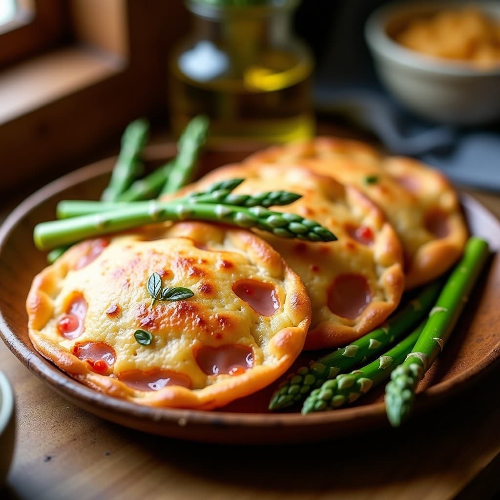 Empanadillas doradas y crujientes de espárragos trilados y jamón serrano servidas en un plato de madera con puntas de espárrago verde como decoración, receta en Airfryer sin amasar.