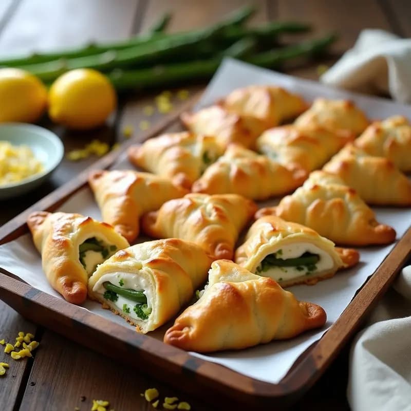 Empanadillas doradas de masa de almendra rellenas de espárragos trigueros y ricotta, servidas en una bandeja de madera rústica con semillas de sésamo negro y hierbas frescas al fondo. Receta argentina sin gluten.