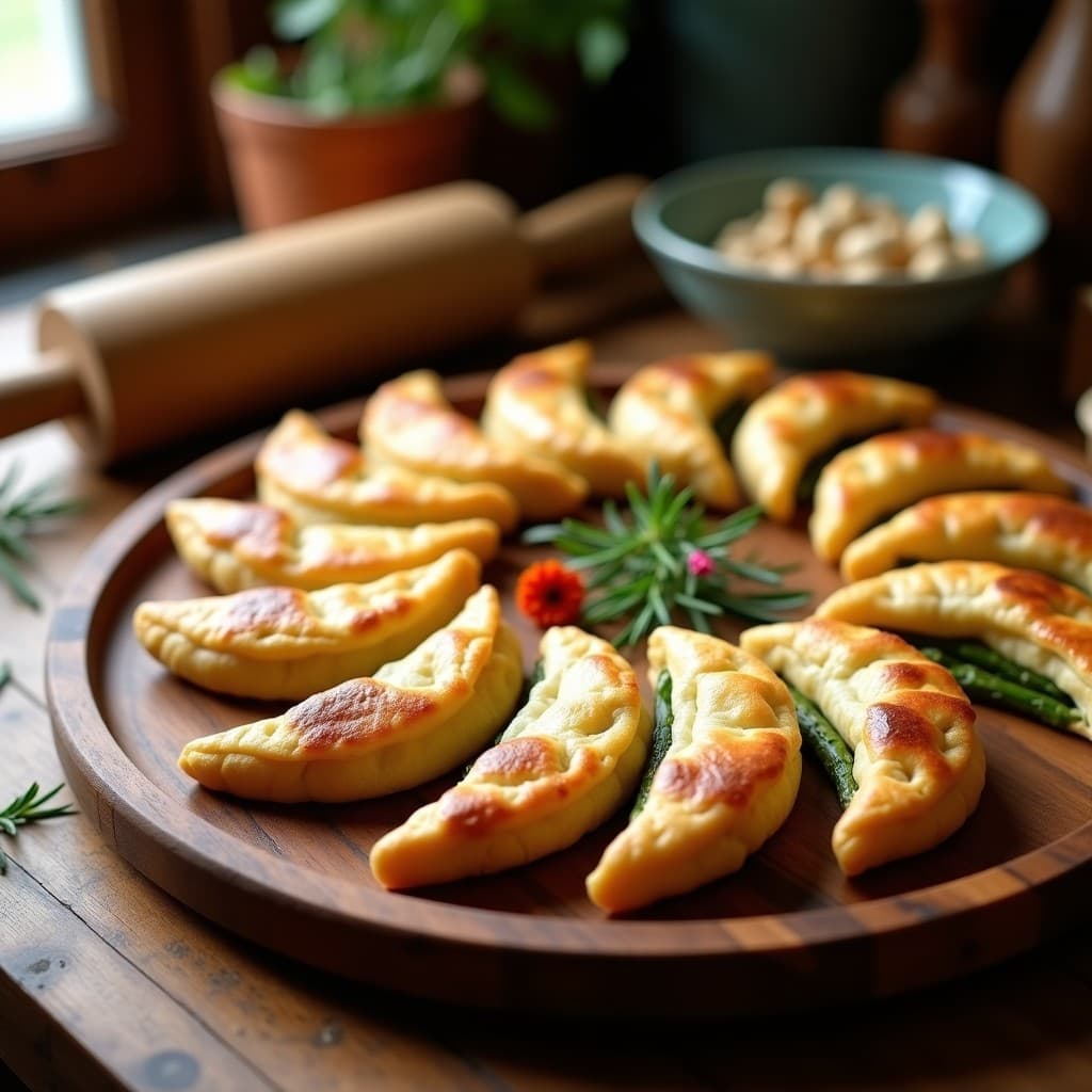 Empanadillas doradas y crujientes rellenas de espárragos trigueros y queso de anacardos, dispuestas en una bandeja de madera con hierbas frescas. Receta vegana de empanadillas de espárragos trigueros y queso de anacardos.