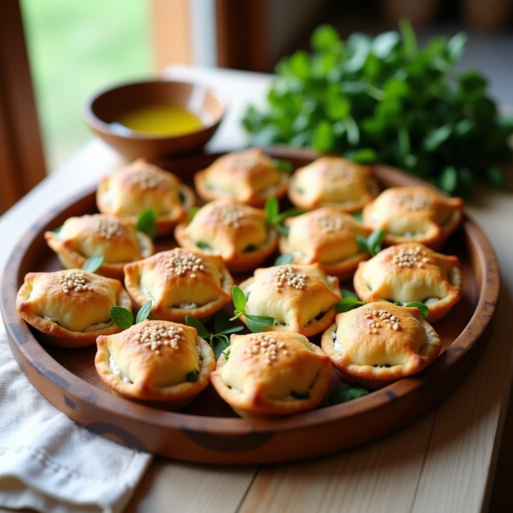 Empanadillas doradas de masa de espelta rellenas de berros y queso feta, con semillas de sésamo tostadas en la superficie, servidas en una bandeja de madera rústica con hierbas frescas al lado. Receta española en Thermomix.