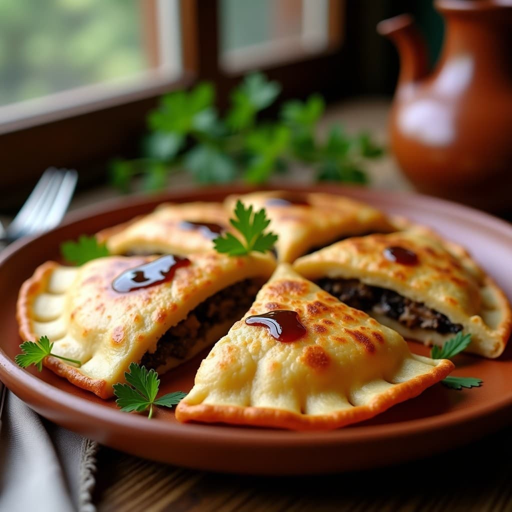 Empanadillas doradas de espelta con bordes perfectamente sellados, rellenas de champiñones Portobello y trufa, servidas en un plato de barro rústico con hojas de perejil fresco y un hilo de aceite de trufa negra.