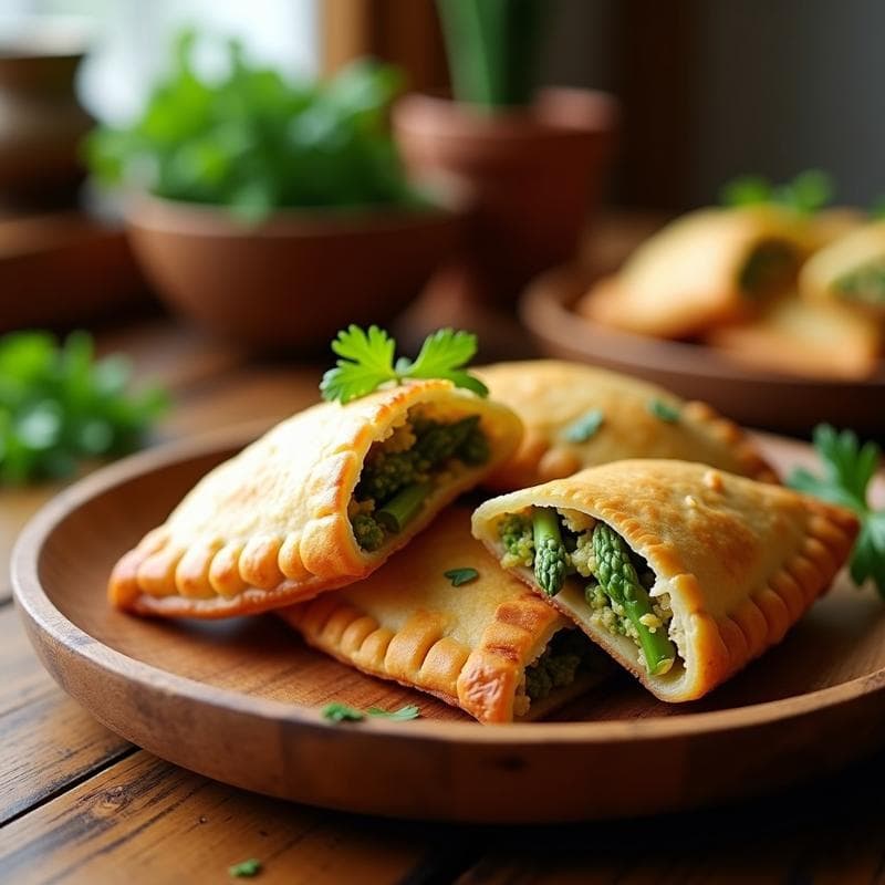 Empanadillas doradas de espelta rellenas de espárragos trigueros y quinoa, servidas en una fuente de madera con perejil fresco espolvoreado, receta sin gluten tradicional.