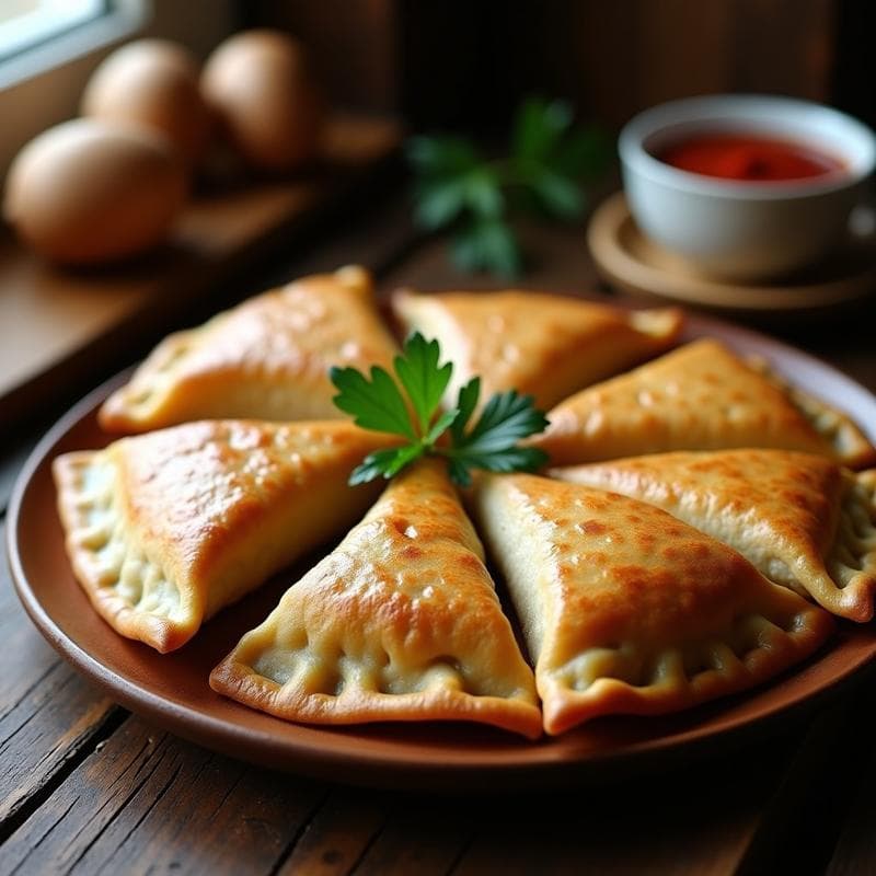 Empanadillas doradas de espelta rellenas de hongos shiitake y tofu, servidas en un plato de madera rústico con perejil fresco. Receta vegana española en Thermomix.