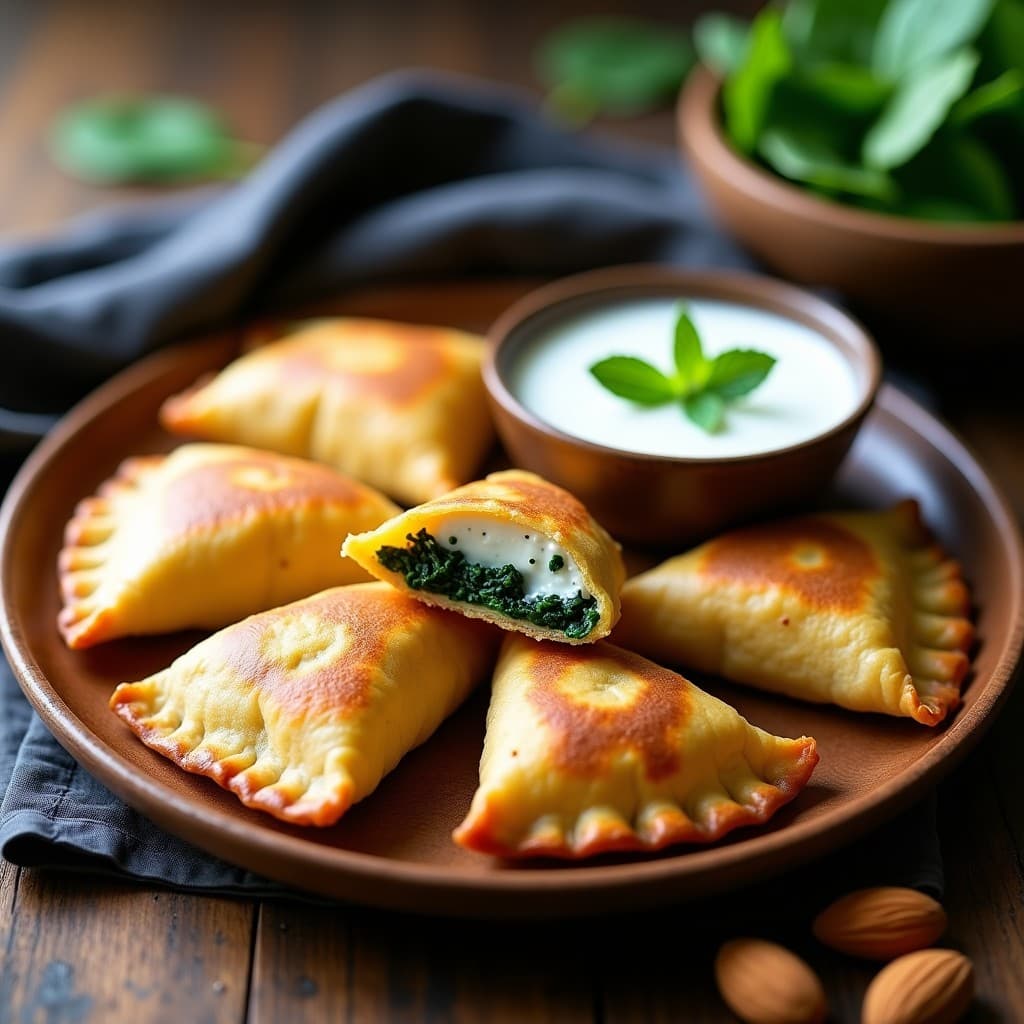 Empanadillas de espinaca y queso de almendras sin lactosa doradas y crujientes, servidas en un plato de madera con salsa de yogur vegano, receta española en Airfryer.