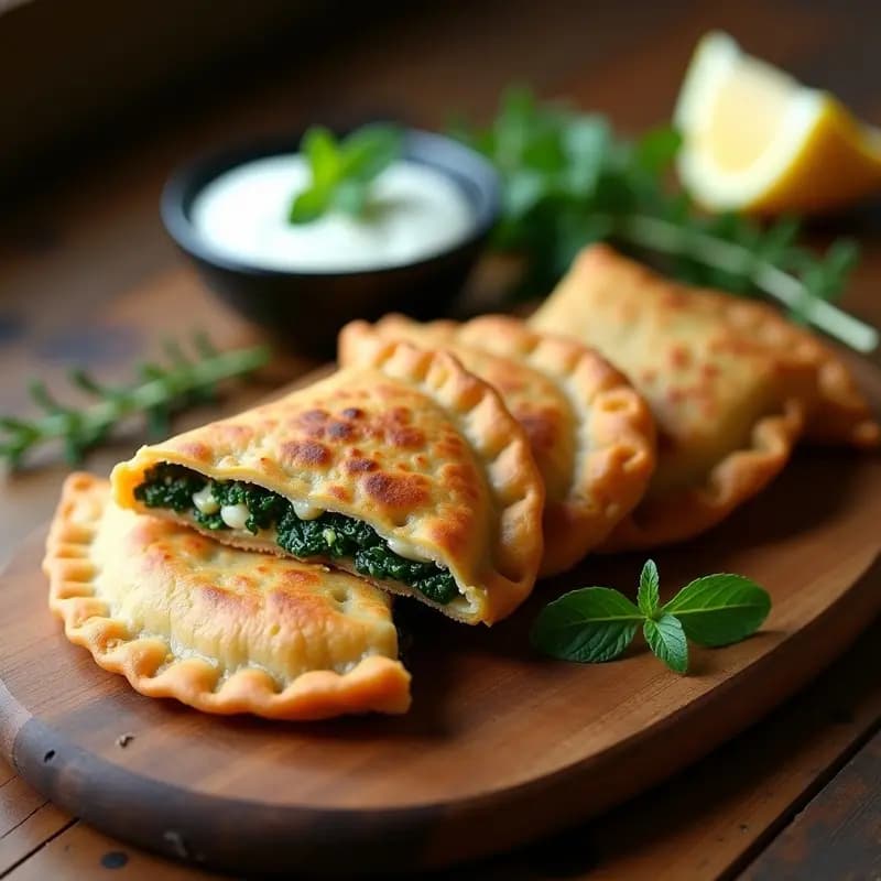 Empanadillas doradas y crujientes de espínaca y tofu con masa de trigo sarraceno sobre una bandeja de madera rústica, acompañadas de salsa de yogur y hierbas frescas. Receta argentina vegana.