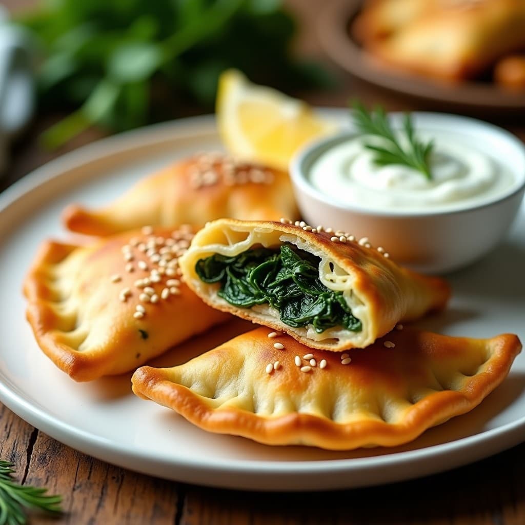 Empanadillas griegas doradas y crujientes con masa de coliflor rellenas de espinacas y feta, servidas en un plato de cerámica blanca con semillas de sésamo, acompañadas de yogur griego y rodajas de limón. Receta sin harina en airfryer.