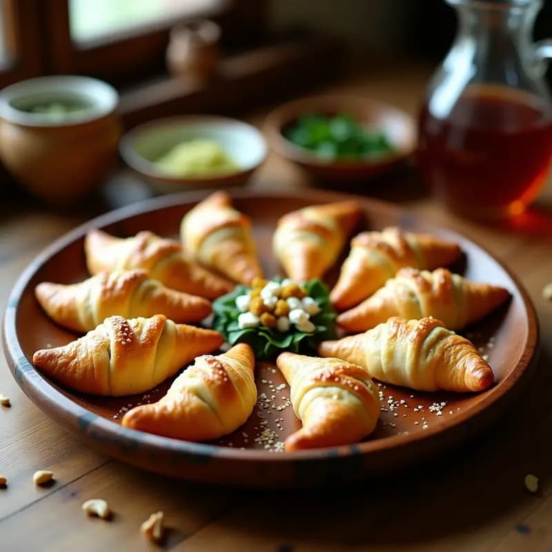 Empanadillas marroquíes doradas y crujientes de masa de hojaldre, rellenas de espinacas y pasas, dispuestas en una bandeja de madera rústica con té de menta al fondo.