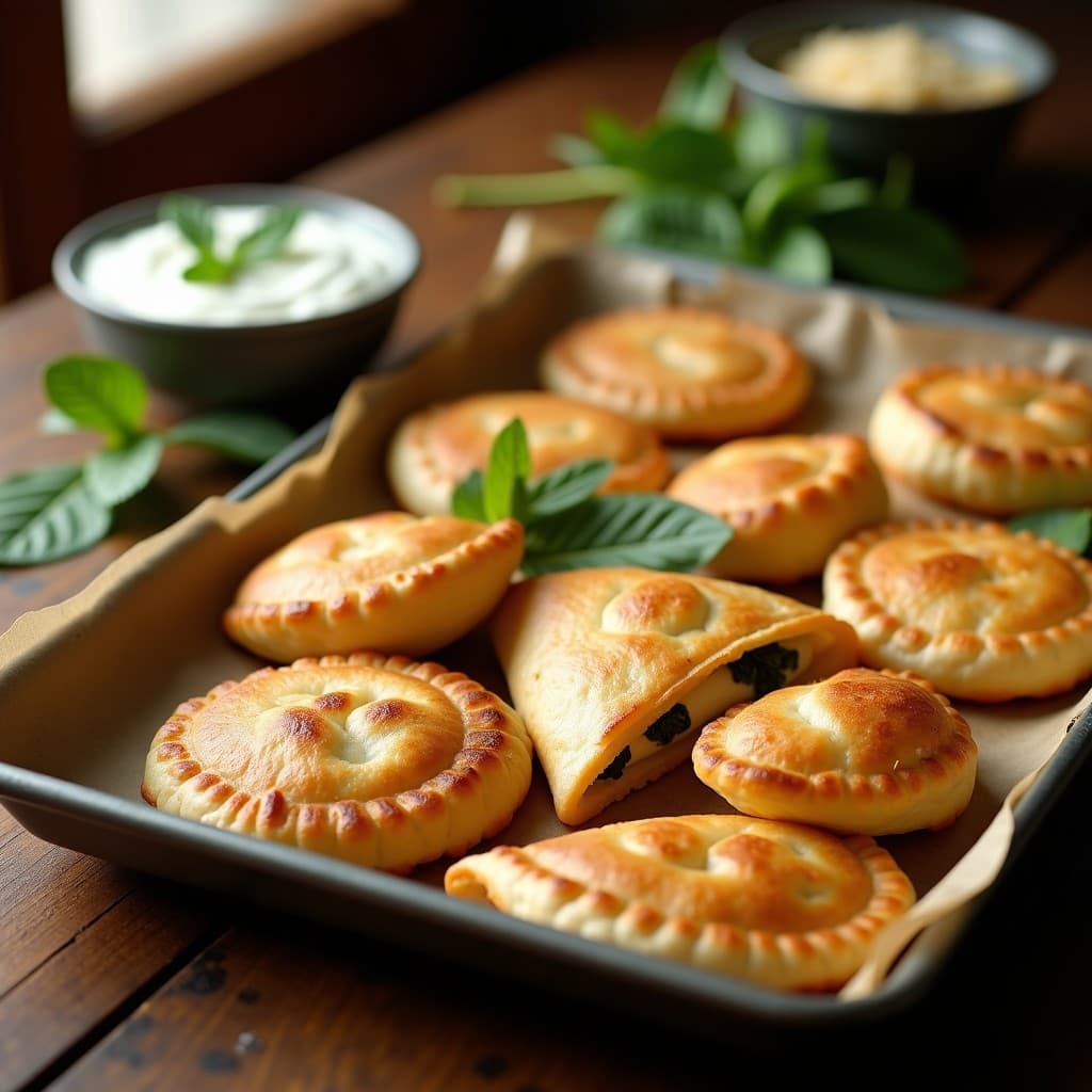 Empanadillas doradas y crujientes de espinacas y queso de almendras sobre una bandeja de horno con papel de horno, receta española en Thermomix sin harina de trigo.