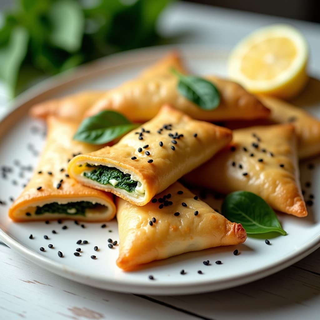 Empanadillas griegas veganas de espinacas y queso de soja doradas en airfryer, con semillas de sésamo negro y toque de limón, servidas en plato blanco rústico con rodaja de limón al lado.