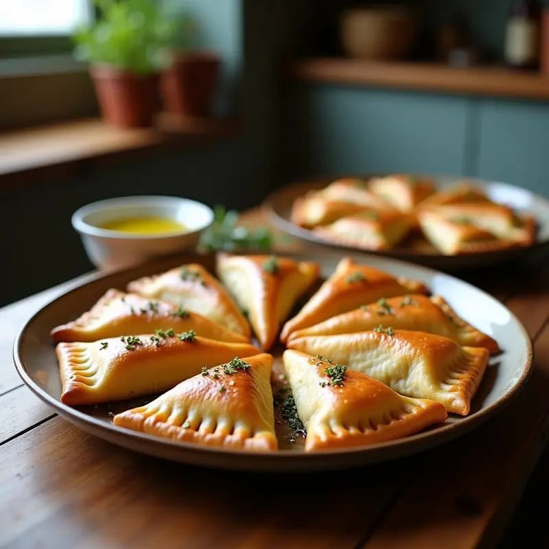 Empanadillas griegas de masa filo doradas y crujientes rellenas de berenjena ahumada y queso feta, servidas en una bandeja de madera con hierbas frescas.