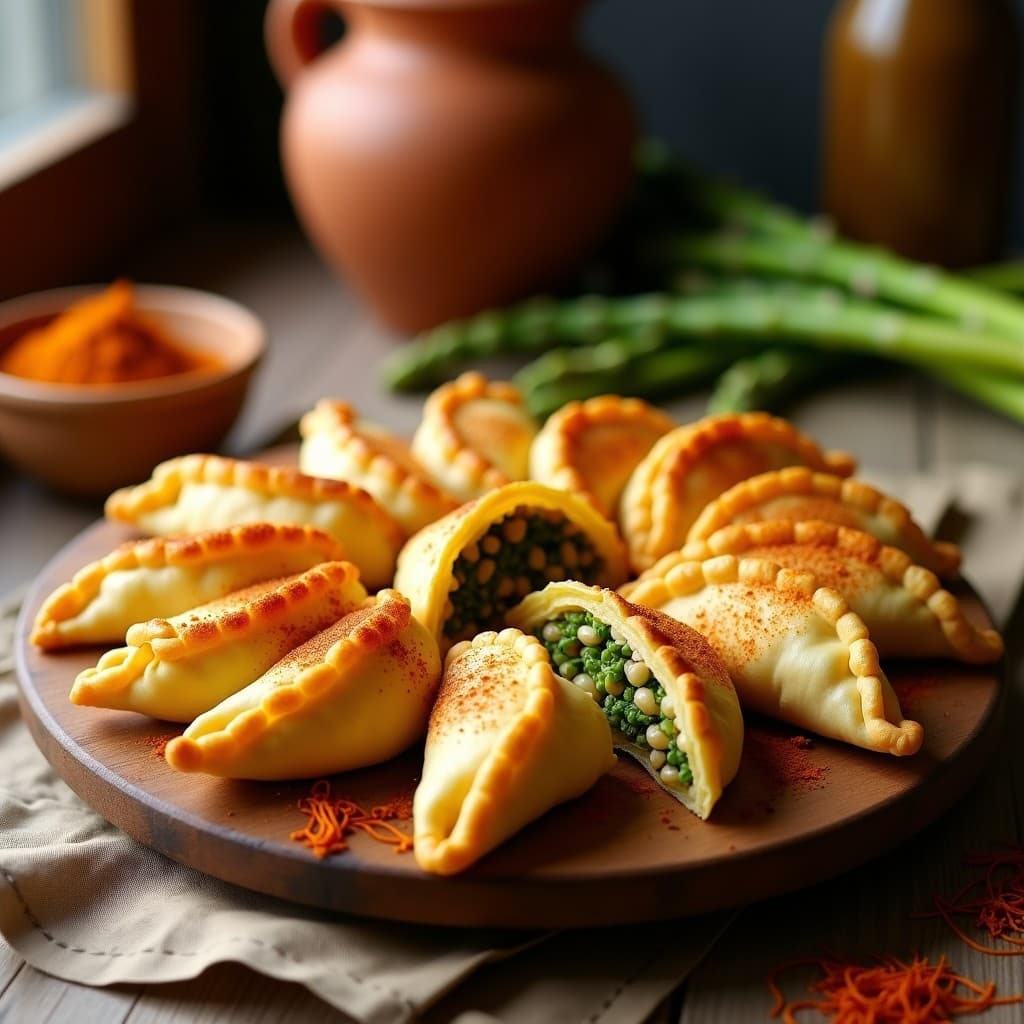 Empanadillas doradas y crujientes de masa de garbanzo rellenas de espárragos trigueros y azafrán, dispuestas en una bandeja de madera rústica con un toque de pimentón espolvoreado y piñones visibles en el relleno. Receta española sin gluten.