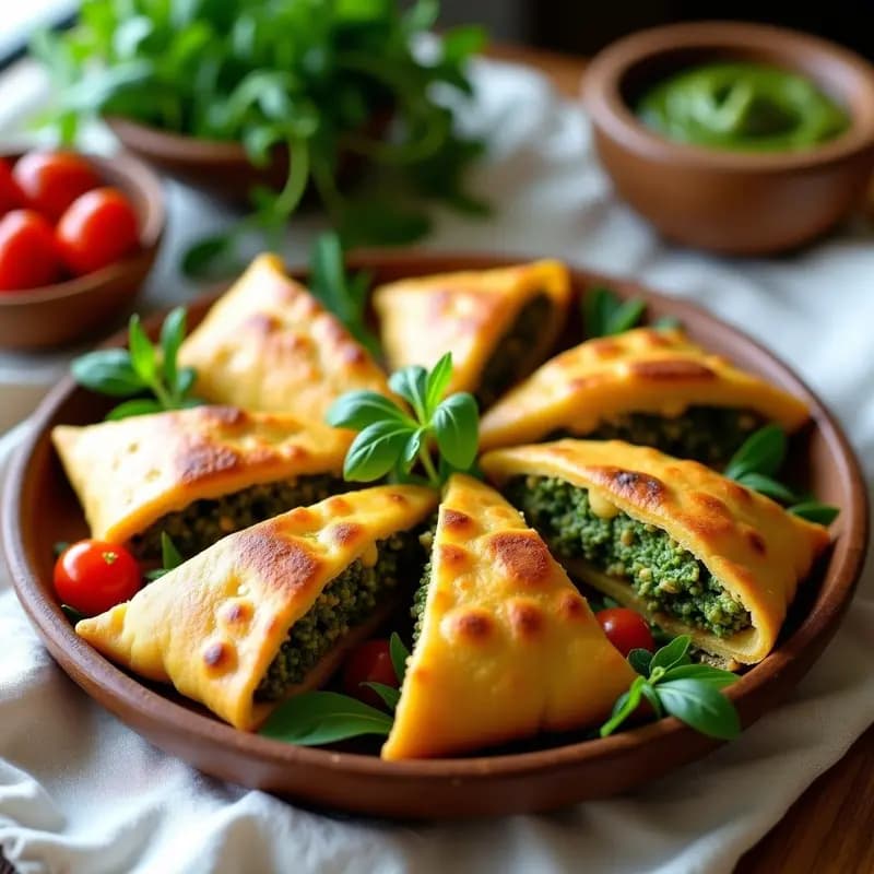 Empanadillas doradas y crujientes de harina de garbanzo rellenas de pesto verde de rúcula, servidas en un plato de madera con tomates cherry al lado. Receta italiana vegana para tupper.
