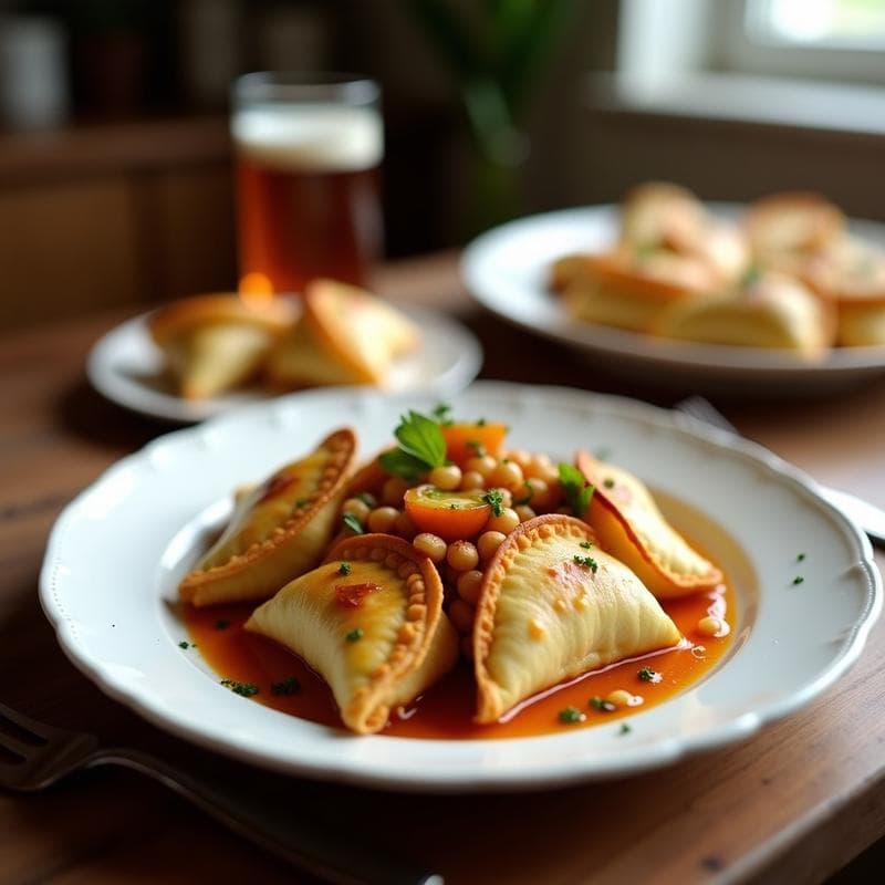Empanadillas doradas y crujientes de garbanzos y pimientos de padrón, aperitivo español vegano y sin harina, servidas en plato de barro con fondo rústico.