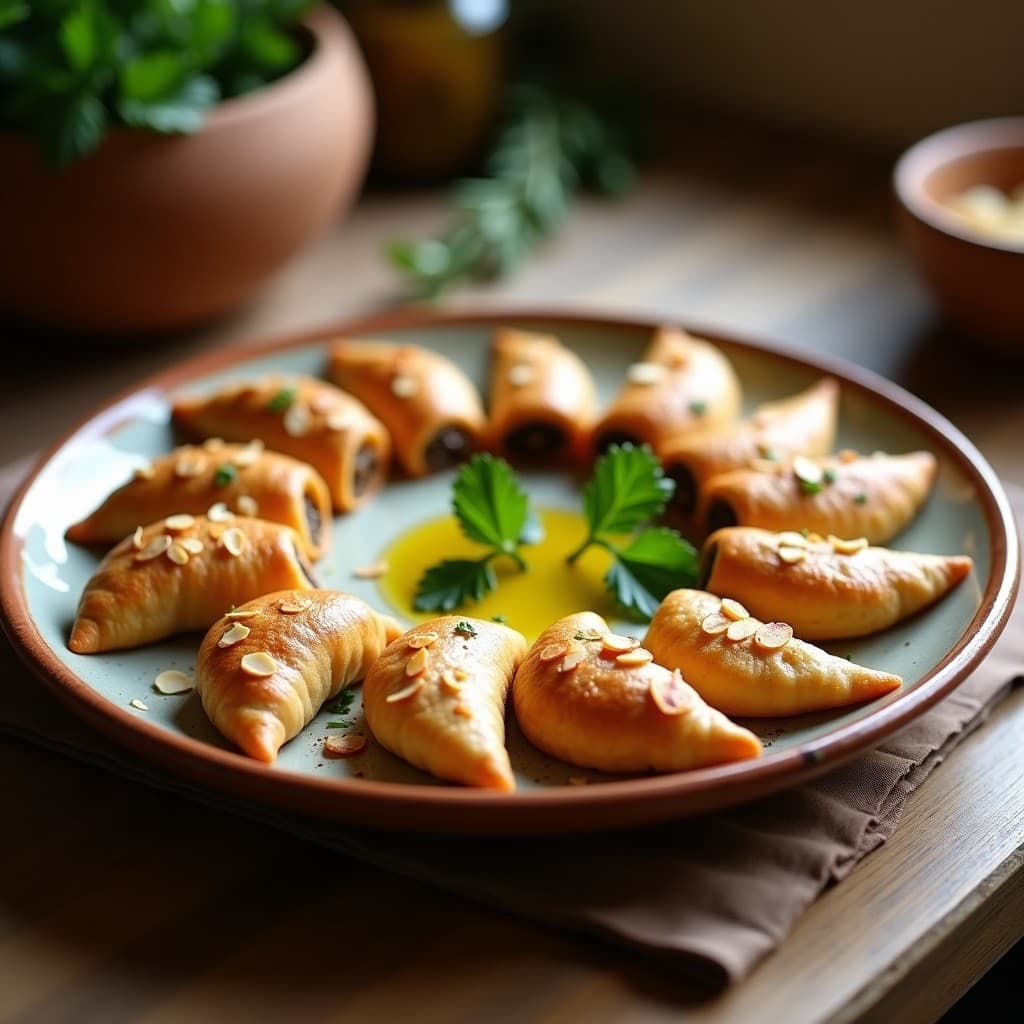 Empanadillas doradas de harina de almendra rellenas de berenjena asada, servidas en fuente de barro con perejil fresco y almendras fileteadas, receta española sin gluten en Thermomix.