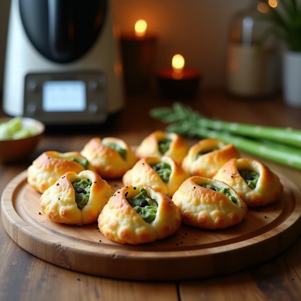 Empanadillas doradas de harina de almendra rellenas de crema de espárragos verdes, dispuestas en bandeja de madera con toques de semillas de amapola, aperitivo keto con Thermomix.