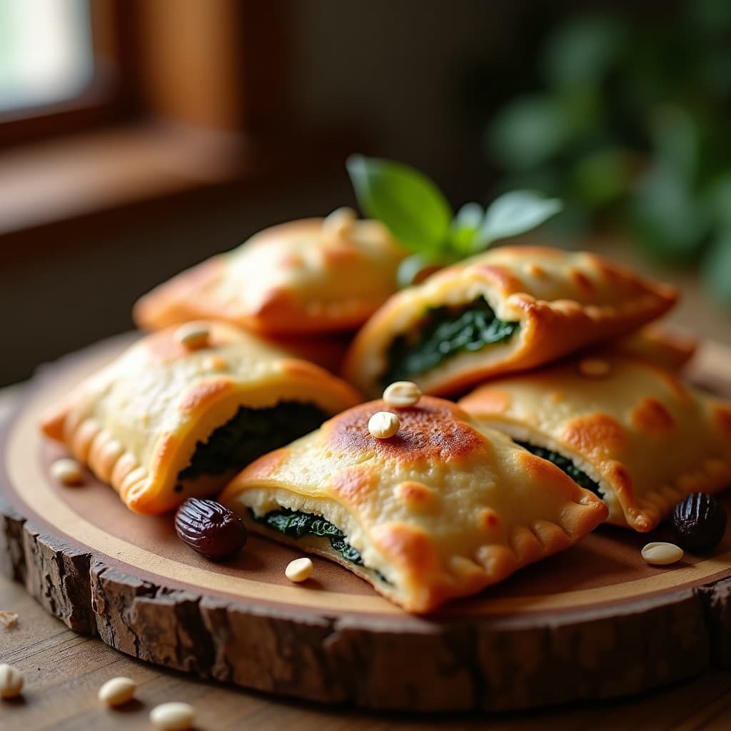 Empanadillas doradas de harina de almendra rellenas de espinacas y pasas, dispuestas en bandeja de madera con piñones visibles, receta sefardí sin gluten.