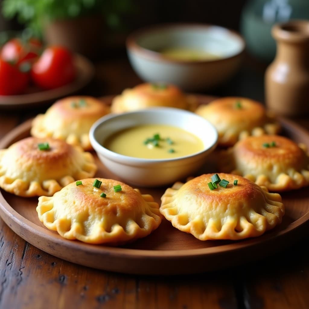 Empanadillas doradas y crujientes de harina de castaño rellenas de puerro, dispuestas en una tabla de madera con un bol pequeño de salsa de mostaza de Dijon al lado. Receta keto en airfryer con toque gourmet.