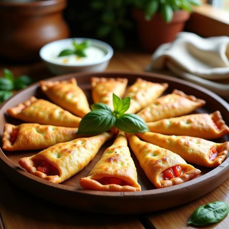 Empanadillas doradas y crujientes de harina de maíz rellenas de pimientos asados y anchoas, servidas en una bandeja de madera con hierbas frescas y un bol de salsa de yogur al lado. Receta italiana keto.