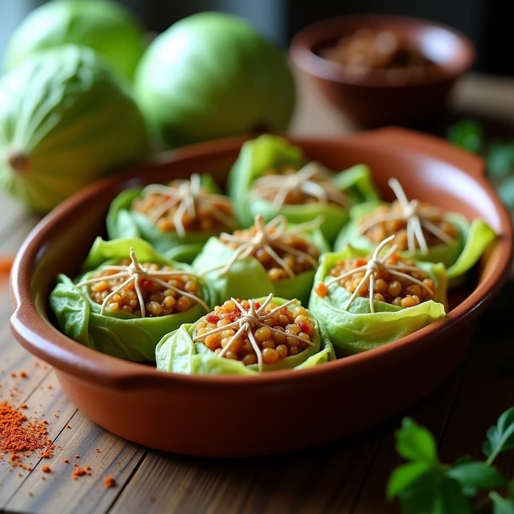 Empanadillas de hoja de col verde rellenas de quinoa y pasas, dispuestas en una fuente de barro rústica con hilo de cocina aún visible. Plato español sin gluten cocinado en olla lenta, con un toque de pimentón ahumado espolvoreado por encima.