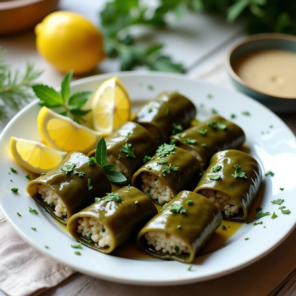 Empanadillas de hoja de parra rellenas de arroz basmati y hierbas frescas, cocinadas al vapor, presentadas en un plato de cerámica blanca con limón y hierbas decorando.