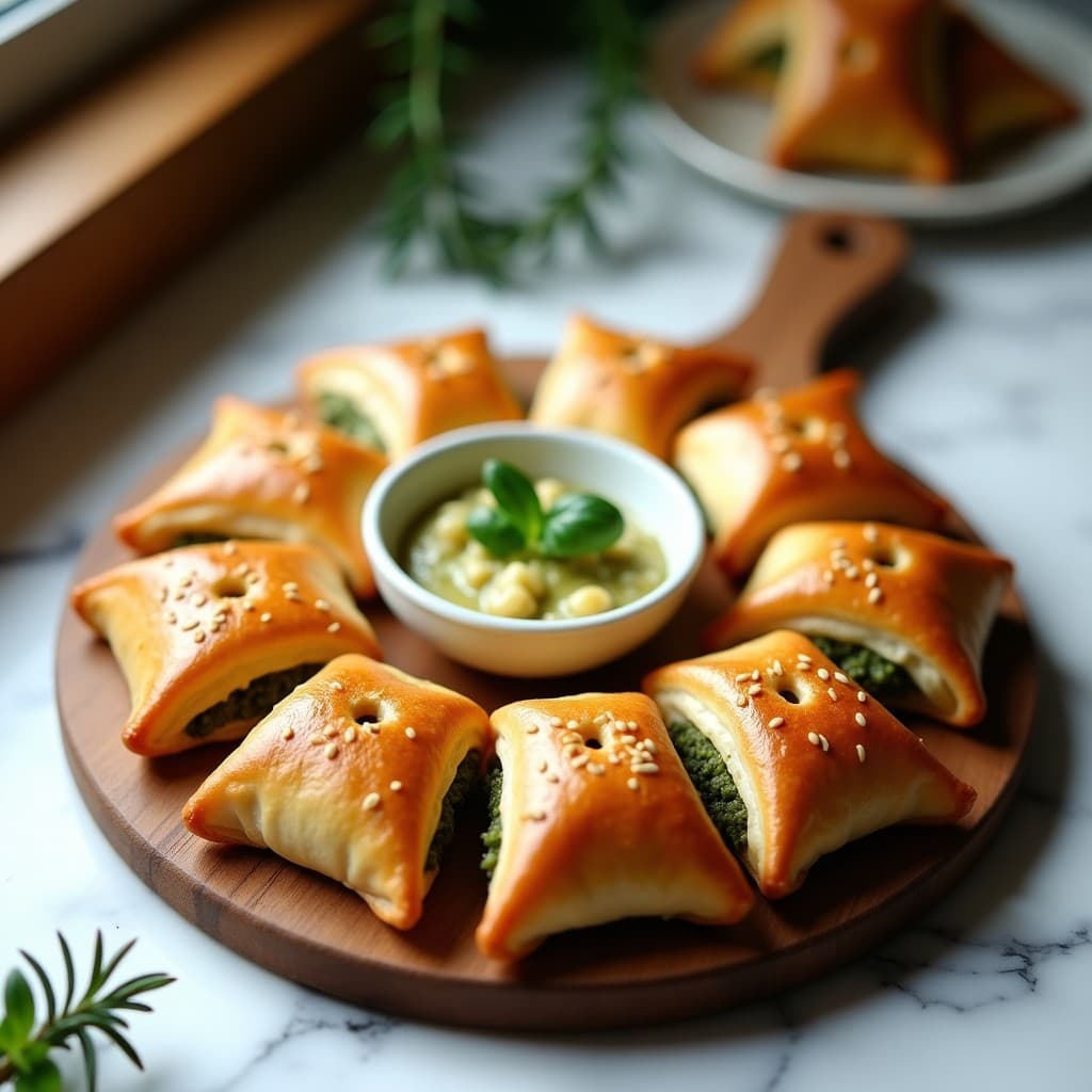 Empanadillas doradas de hojaldre integral rellenas de puré de alcachofa cremoso y pesto de rúcula verde, servidas sobre una tabla de madera rústica con semillas de sésamo visibles.
