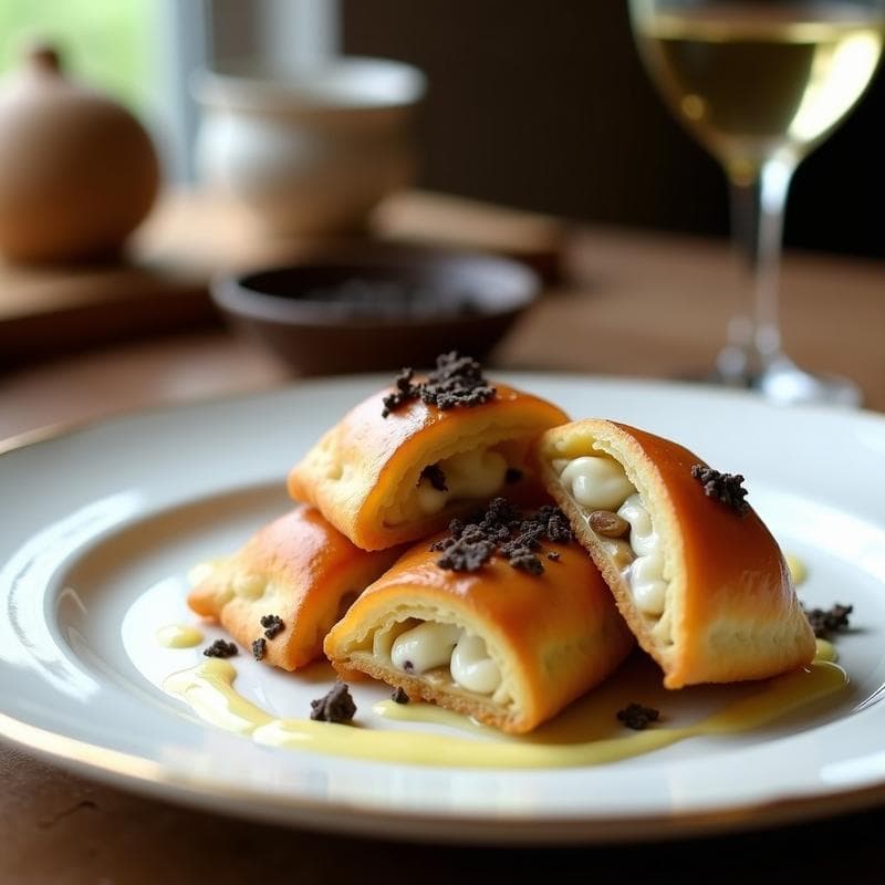 Empanadillas doradas de masa de almendra rellenas de hongos morchella y trufa, dispuestas en un plato de pizarra con hierbas frescas. Receta francesa gourmet en olla exprés.