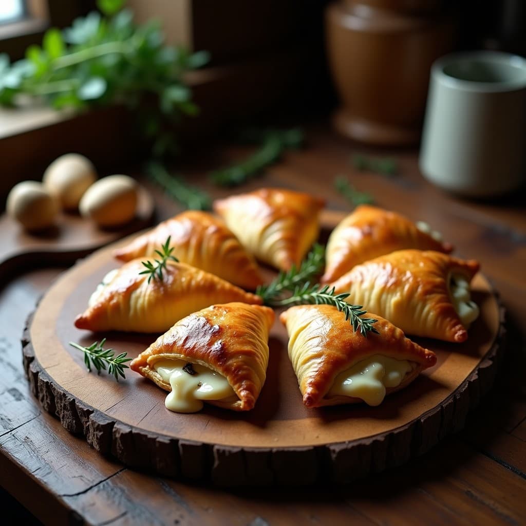 Empanadillas doradas y crujientes de hongos morels y queso brie servidas en una bandeja de madera rústica, con masa de espelta ligeramente tostada y relleno cremoso asomando por los bordes. Receta francesa en airfryer.