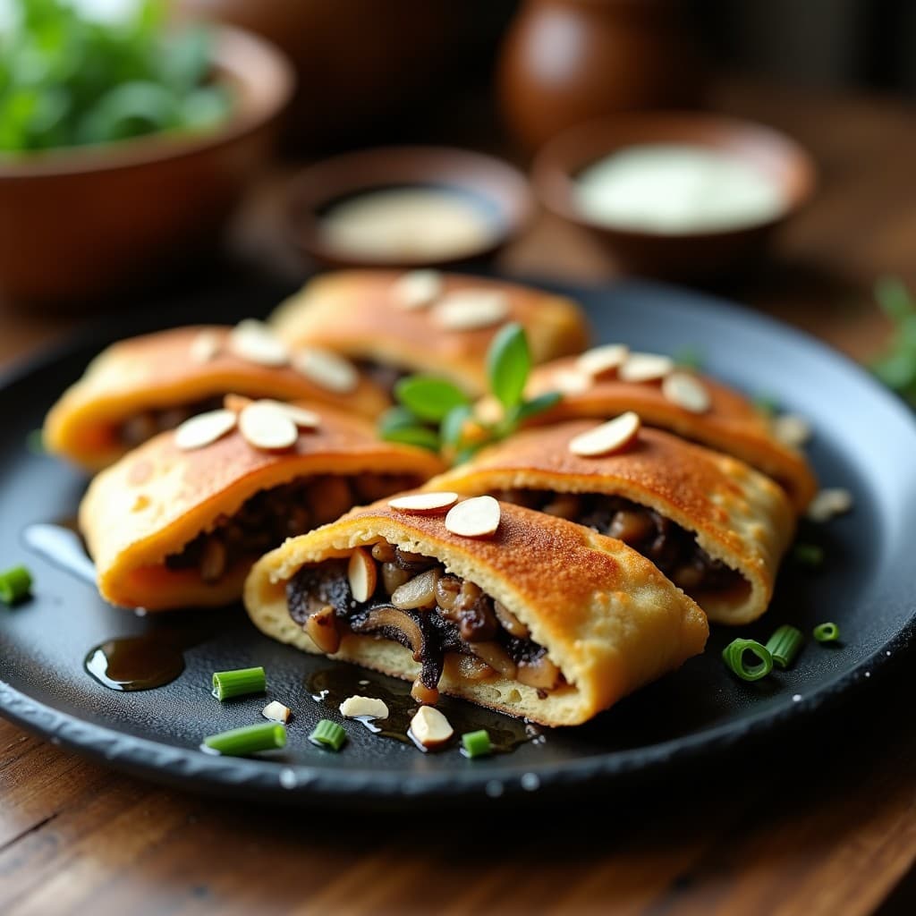 Empanadillas doradas y crujientes de Hongos Portobello y Trufa con Masa de Almendra, horneadas en airfryer, servidas en un plato de pizarra con virutas de trufa y cebollino fresco.