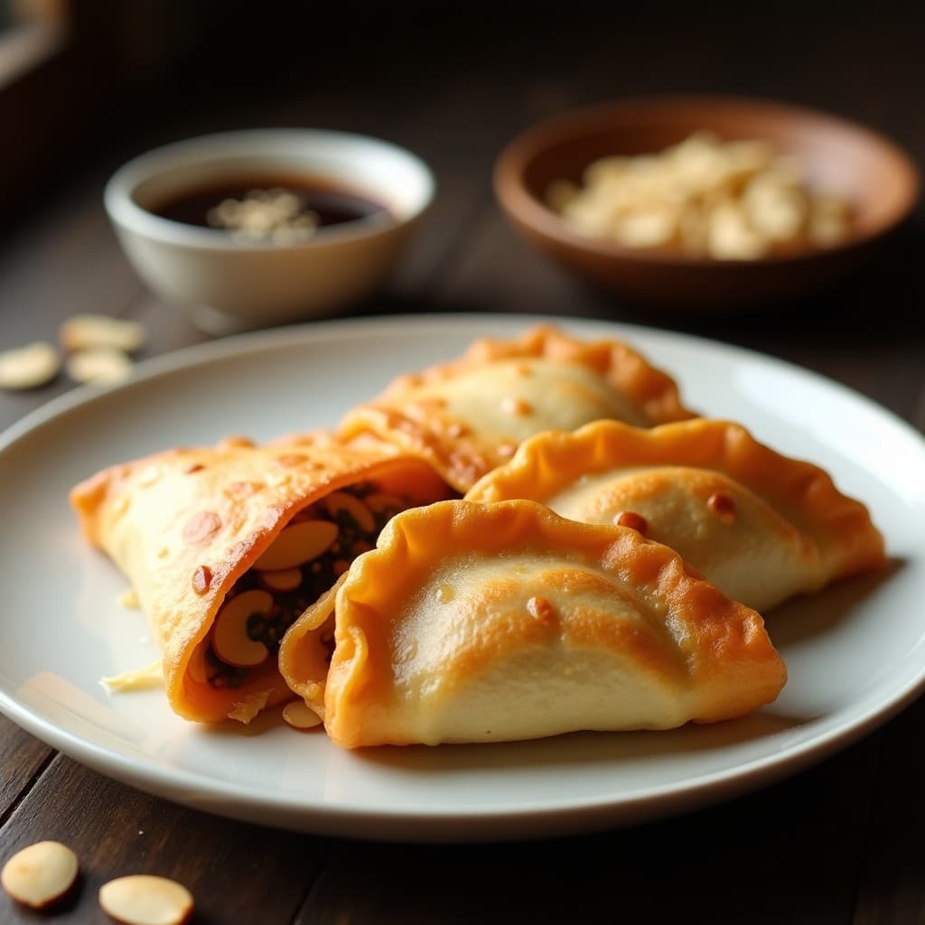 Empanadillas doradas y crujientes de hongos shiitake y almendras, servidas en un plato de cerámica blanca con salsa oscura al lado, receta en airfryer con toque chino.